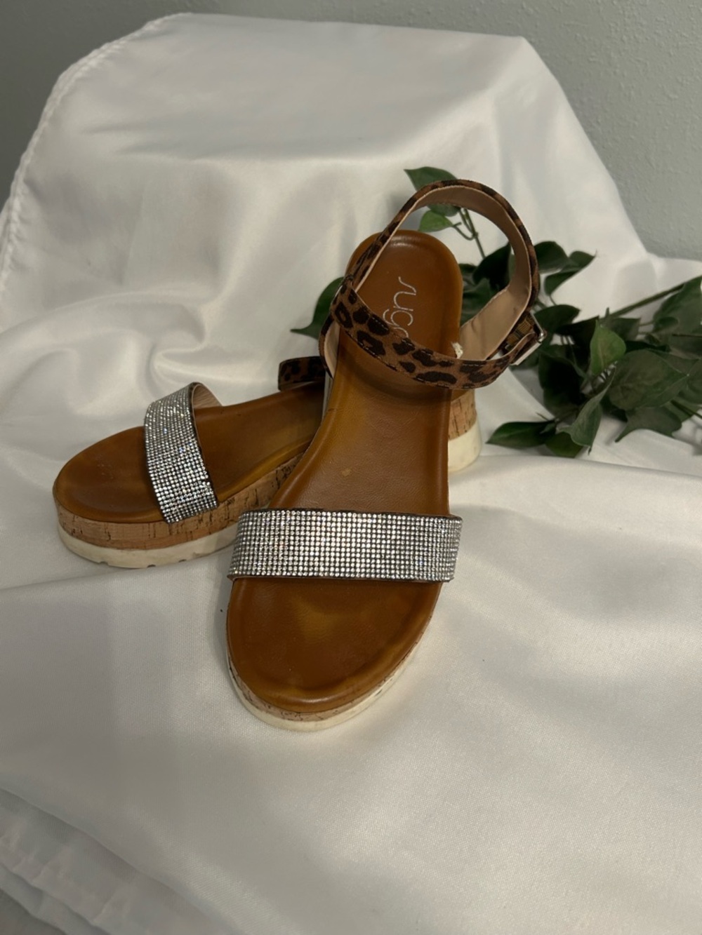 Sugar Brown Platform Sandals with Silver Rhinestone Toe and Leopard Ankle Strap